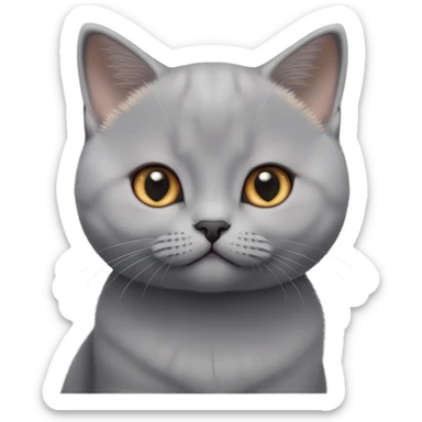 cinematic-cute-british shorthair-kitten cat-portrait-emoji,-head-tilted-playfully-and-inquisitively,-sleek-solid-grey-fur,-simplified-yet-adorable-features,-highly-detailed,-glowing-with-a-warm,-friendly-glow sticker