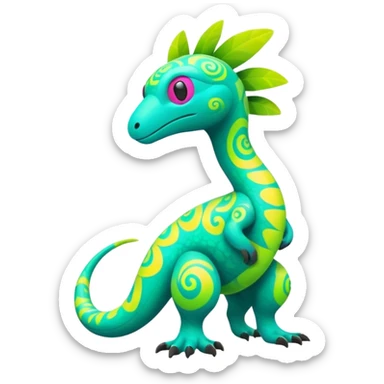 futuristic lush tropical exotic patterned swirly random-colored neon-colored Fakémon-Trico-creature (full body) sticker