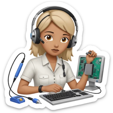 female computer technician fixing damaged computer sticker
