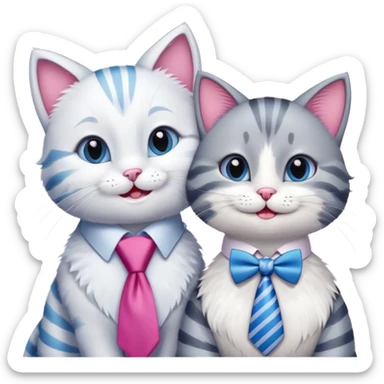happy girl cat with bow and eyelashes wearing a bright necktie next to happy boy cat wearing a striped necktie, both cats smiling together sticker