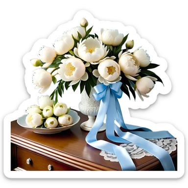 A lush bouquet of full-bloom white peonies, their petals soft as silk, rests on a lace-draped vanity table. A long, powder blue satin ribbon is delicately woven through the stems, its trailing ends cascading onto the wooden surface. The gentle glow of morning light filters through sheer curtains, casting a dreamy ambiance over the scene. Scattered pearl beads catch the light, reflecting a soft iridescence that complements the bouquet’s ethereal beauty. sticker