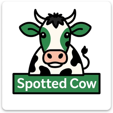 Change the cow on the New Glarus Spotted Cow beer label to black and white, keep the green and white color scheme and 'Spotted Cow' text, no background. sticker