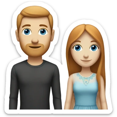 a married couple standing beside eachother, one has pale skin and long straight ginger hair with bangs and blue eyes, the other person is a man that is mexican and has straight chin length black hair with brown eyes sticker
