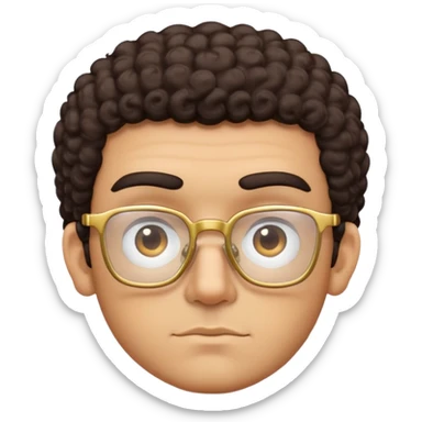Square-faced man with thick eyebrows, short dark curly hair, slight scruff, serious expression, large square gold-rimmed glasses sticker