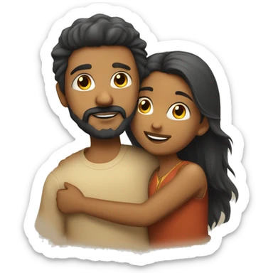 an indian girl hugging an indian boy with a beard fluffy hair and a goatee sticker