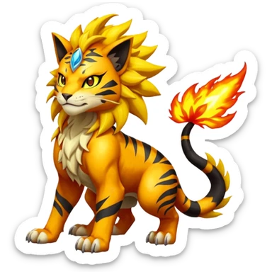 Volcanic Fiery Shiny Legendary Epic Badass Evil Colorful exotic dark-colored, vibrant, golden, burning, badass, cool, realistic Pyroar-Sprigatito-Torracat-Luxray-Tigress-Solgaleo-Liger-Hybrid-Fakémon-Pokémon-Hybrid-Creature (full body) sticker