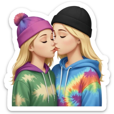Short brown haired white girl in a hoodie and a black beanie kissing a tall short long blonde haired girl wearing a black beanie and a tiedye hoodie. make ther brunette shorter than the blonde sticker