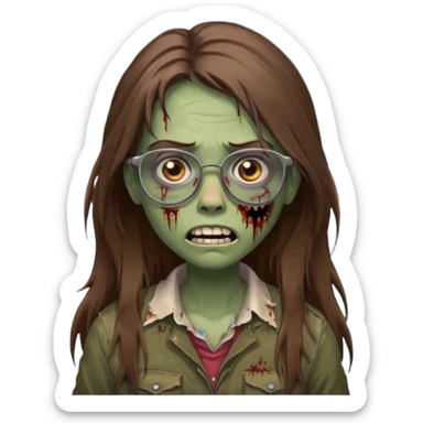 Girl zombie with brown long hair with teeth and serious face IOS style with glasses sticker