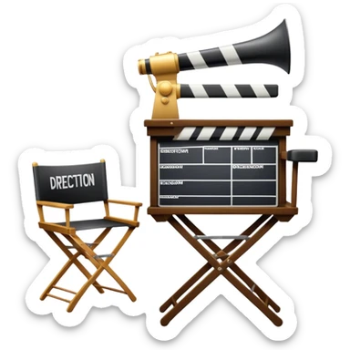 Icon for Directing: a director's chair, a film slate, a megaphone, and a stage set with lights. The icon should represent the creative and leadership aspects of directing, with focus on film and theater production. Transparent background. sticker
