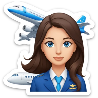 Brunette flight attendant with blue eyes long hair in front of a plane  sticker