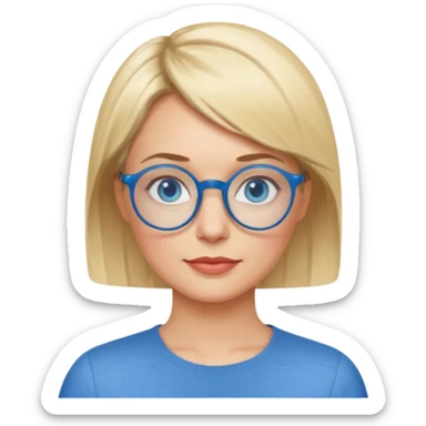 femme 40 ans cheveux courts garçon blond ave raie sur le coté, yeux bleu et lunettes rondes bleues sticker