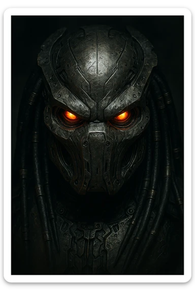 Yautja (Predator) mask with a fierce expression, detailed sci-fi design sticker