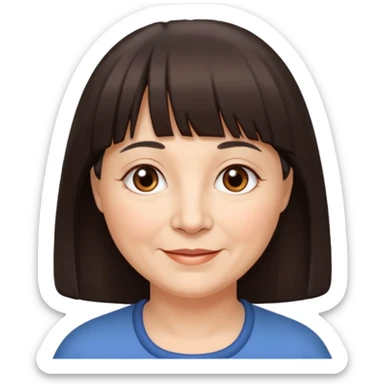 60 yr old woman, very small brown eyes, long straight dark brown hair, bangs, chubby, long face sticker