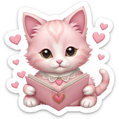 A pastel pink kitten with heart-shaped markings, a lace ribbon collar, holding a vintage love letter, surrounded by floating hearts. sticker