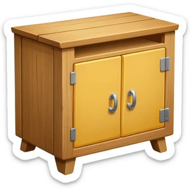 Compact emoji-style icon showing a small wooden cabinet with one door slightly open, a hammer resting beside it, and a plank of wood leaning in the background. Light brown wood tones, silver hammer head, yellow handle. Soft shadows, clean glossy look.  sticker