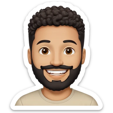 Latino man in his late 30s with warm brown skin. Round face. Big bright smile showing joy. Lively dark brown eyes. Thick defined eyebrows. Short tight curly black hair with fade on sides. Full black beard, neatly trimmed. Wearing a light beige round-neck t-shirt. sticker