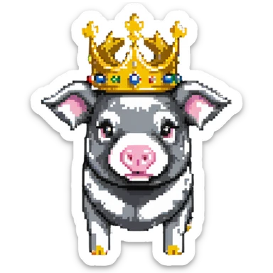 cute pig with a golden crown, inspired by Technoblade, styled like LEGO Duplo with visible block elements and studs, chunky, colorful, simple, playful sticker