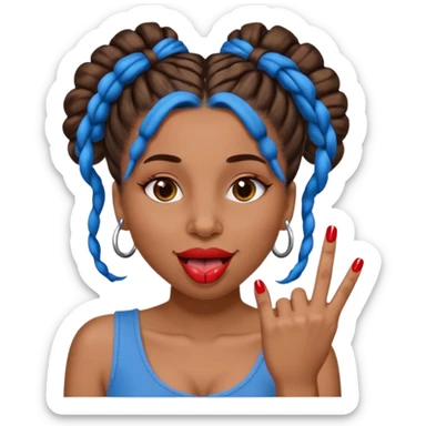 brown girl with blue locs in a bun with tongue out and red nails showing secomdnd finger sticker