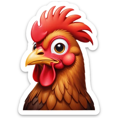 Cinematic Cute Brown Rooster Portrait Emoji, Head tilted playfully and inquisitively, featuring a glossy, immaculate brown plumage with a vibrant red comb, round, sparkling warm eyes filled with curiosity, Simplified yet irresistibly adorable features, highly detailed, glowing with a warm, friendly glow, high shine, affectionate and spirited, stylized with a touch of farmyard whimsy, bright and endearing, soft glowing outline, capturing the essence of a mischievous yet loving rooster, so playful it feels like it could strut out of the screen and into your arms! sticker