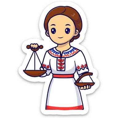 Ukrainian girl with brown hair wearing traditional embroidered shirt (vyshyvanka) holding scales of justice in her hand sticker