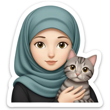 White girl with hijab holding a black and grey tabby cat sticker