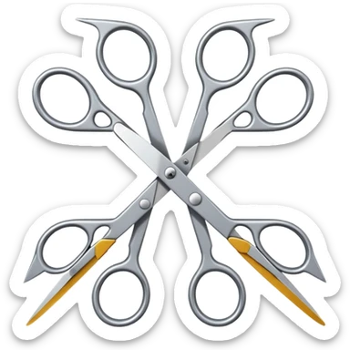 Two pairs of metal scissors arranged so that their open blades are interlocked in an X shape, lying on a white background. sticker