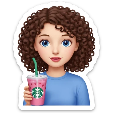 make an emoji of a curly brunette blue eye girl wearing light pink drinking a strawberry acai refresher from starbucks sticker