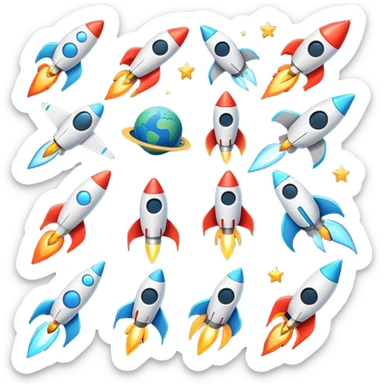 A set of high-quality vector emoji icons in a futuristic, space-themed style with no background (transparent). The icons should be clean, modern, and glowing, designed to complement a premium Martian food delivery brand.

The set should include:
1/Multiple rocket variations – a sleek futuristic rocket launching, a small shuttle in orbit, and a stylized cargo rocket for food delivery.
2/ Different star designs – classic five-pointed star, twinkling starburst, shooting star, and a cosmic nebula star.
3/ Galactic elements – a glowing planet, a swirling galaxy, and a meteor with a dynamic trail.
4/ A space station or satellite, symbolizing high-tech logistics.
5/ A hovering UFO, adding a fun, sci-fi touch.
👨‍🚀 A cheerful astronaut, representing the adventurous customers enjoying their space meals.

Each icon should have clean vector lines, soft gradients, and subtle neon glows, making them visually appealing and easy to use in UI design. sticker