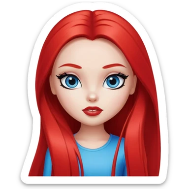 pretty bratz girl, bright red straight long hair, blue eyes, black eyeliner, white skin sticker