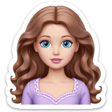 Barbie girl Chestnut long wavy hair and blue eyes is In pale purple clothes There are grey hearts above the head sticker
