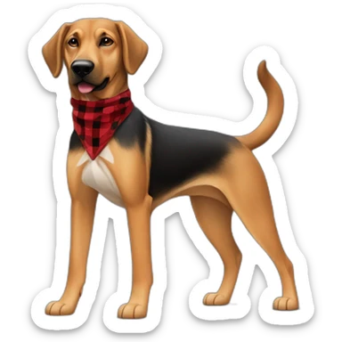 adult 75% Coonhound 25% German Shepherd mix dog with visible tail wearing small pointed red buffalo plaid bandana full body walking left quickly sticker