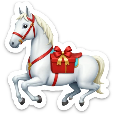 christmas new year's white horse with a red saddle with gift box on saddle sticker