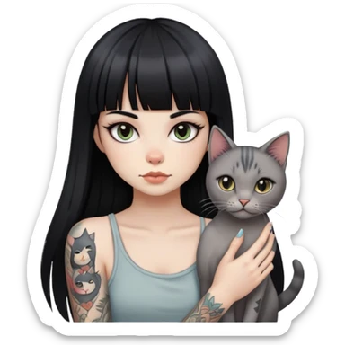 girl with long black  straight bangs hair and tattoos and a light grey-shared cat sticker
