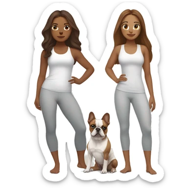 latin women with long brown hair in yoga outfit standing alongside two french bulldogs  sticker