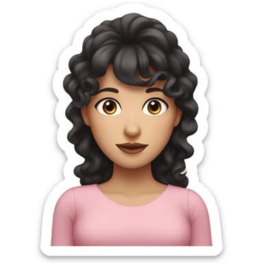 White woman with long black curly hair and bangs and dark brown eyes, wearing a pastel pink dress sticker