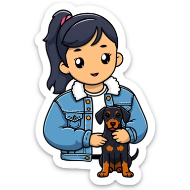 girl wearing denim jacket holding a Doberman sticker