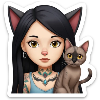 white girl with long black  straight hair and tattoos and  a German long eared cat with black nose sticker