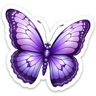 "A majestic butterfly in shades of purple, with intricately detailed wings featuring a mesmerizing pattern resembling delicate lace. The wings shimmer with an iridescent glow, reflecting hues of amethyst and lilac. The butterfly hovers gently above a field of blooming lavender, surrounded by tiny dewdrops glistening in the morning sunlight. A soft-focus background creates a dreamy atmosphere, emphasizing the elegance and ethereal quality of the butterfly."
 sticker