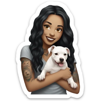 light skin woman with a face tattoo of a cross and long wavy black hair expressing joy alongide a white miniature pitbull  sticker