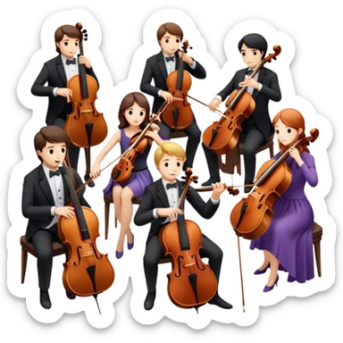 Icon for Classical Music: chamber orchestra with 4-5 musicians playing string instruments (violins, violas, cellos) and a conductor leading the ensemble. The intimate, refined atmosphere. Transparent background. sticker