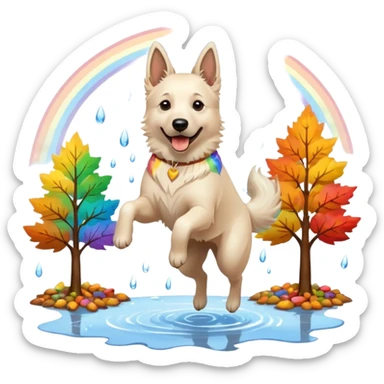 Beautiful White belgian Shepard jumping Cheerful  over Rain puddles. There is a rainbow in the sky and trees with Brown leafs in the background sticker