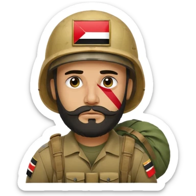 A very tired and sad, swarthy Iraqi soldier with a beard, an Iraqi flag on his helmet, a sad expression and bags under his eyes sticker