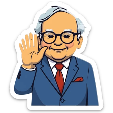 Warren Buffett waving, wearing glasses and a suit sticker