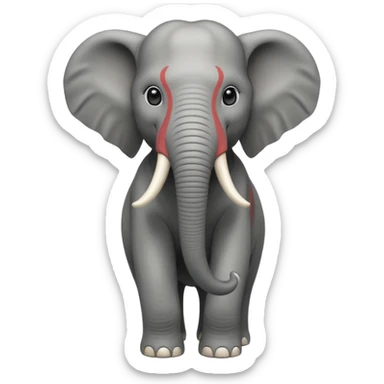 A massive 3D cartoon elephant standing tall with a strong posture, large tusks, deep gray skin, and intense eyes. Dust rising around its feet, sunlight highlighting its size and strength. Realistic textures, bold lighting, Memoji-style but fierce and commanding presence. sticker