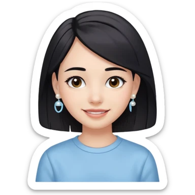  emoji of a smiling girl with a long bob haircut in black-brown color, fair tan skin, soft black eyebrows, and brown eyes. She's wearing a pastel blue shirt, has pearl earrings, and white clean hair clips. Her look is fresh and minimal clean girl aesthetic. Use a white background, sticker