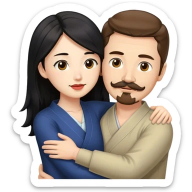 tall white man with brown hair goatee mustache hugging a japanese woman with long black hair sticker