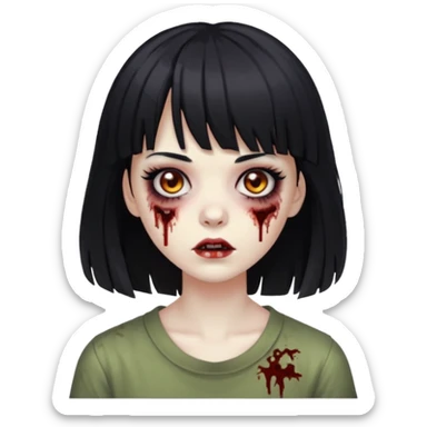 Zombie girl, black hair with bangs, slightly wavy, layered haircut, long eyelashes, black eyes. sticker