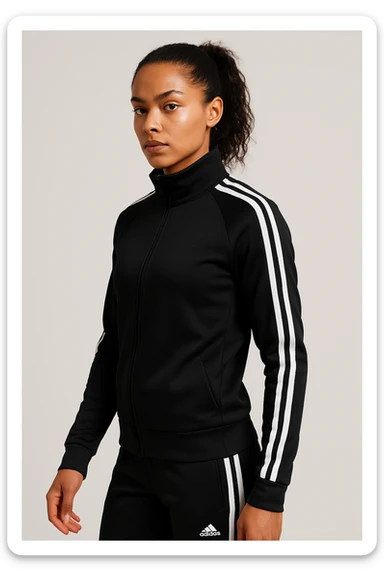 person wearing a modern black sports outfit with three clear white stripes down the side of the arms, neutral background, modern athletic look sticker
