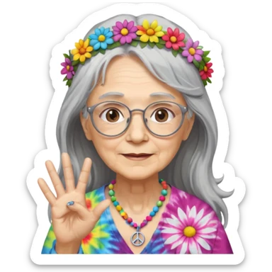 elderly woman with long grey hair, glasses, peace sign necklace, tie-dye clothing, flower crown sticker