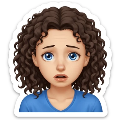 white young pretty woman long dark brown CURLY hair, with a blue shirt, in despair crying, brown eyes, septum nose piercing sticker